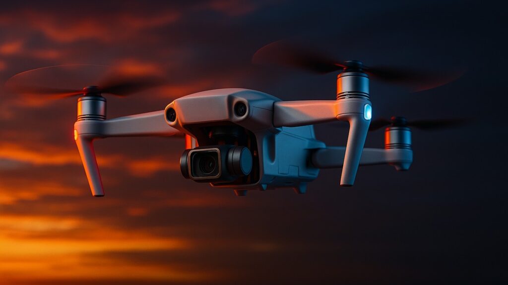 RC Camera Drone in Flight at Sunset