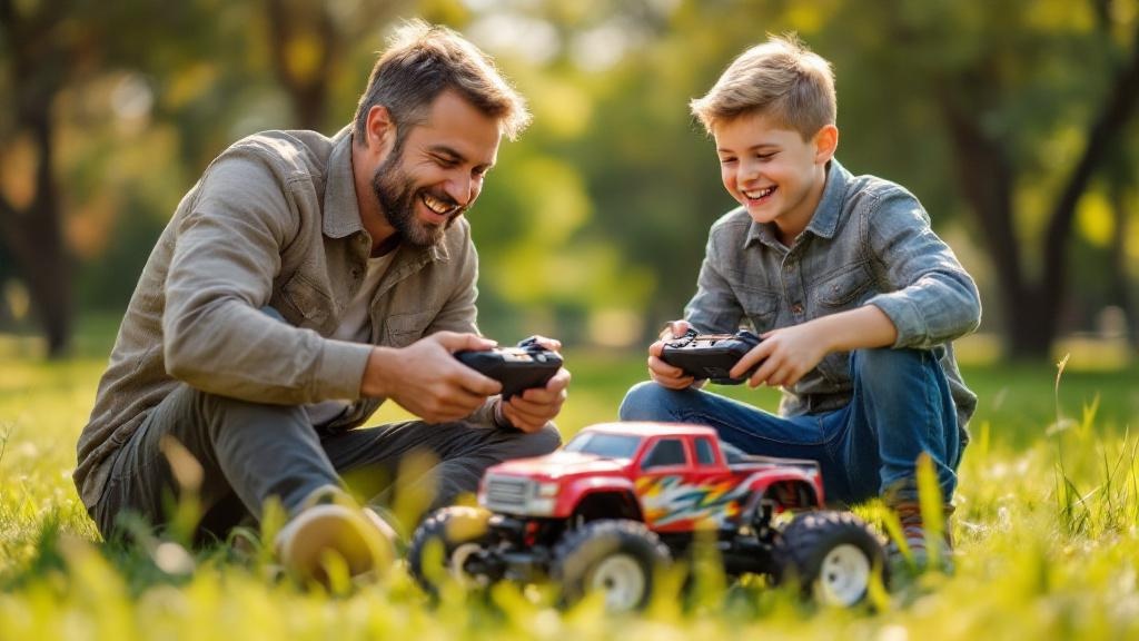 Father and son enjoying RC cars together